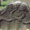 View of headstone with green man dated 1756, Alva churchyard.
