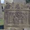 View of headstone showing Adam and Eve, Polmont Old Churchyard.