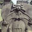 Detail of headstone to Robert Fergusson d.1695 with green man, Holy Rude, Stirling.