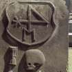 View of headstone with merchant's mark, skull and crossbones, Holy Rude, Stirling.