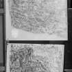 Photographic copy of two rubbings. The upper rubbing shows detail from a Pictish symbol stone, originally from Rothiebrisbane, now at St Peter's Church, Fyvie. The lower rubbing shows reverse detail from the Migvie Stone Pictish cross slab, St Finan's Church.