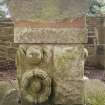 View of font constructed from old gravestones, Dalgarnock Church.