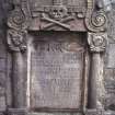 View of mural monument to John Geddes and Isobel McKean 1687, Elgin Cathedral.
