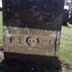 Detail of headstone to James Rew 1762 with 'smiling'skull, Garvock Parish burial ground.