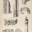 Plate ix from P Chalmers, Historical and Statistical Account of Dunfermline, showing 'Fragments of King Robert Bruce's marble tombstone', 'Gurgoil or stone water spout from the old market cross', 'Queensferry Burgh Seal', and 'Market cross pillar'.