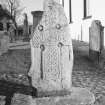 View of face of Logierait no.1 Pictish cross slab in Logierait churchyard.