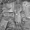 Kilberry. Medieval grave slab showing knight [No. 11] and post medieval panel showing a cockerel [No. 27]