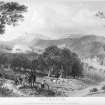 Distant view of Taymouth Castle with hunting scene.