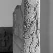 View of side of Meigle no.5 Pictish cross slab on display in Meigle Museum.