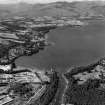 Loch Lomond, River Leven foreground and Balloch Pier to Cameron House Bonhill, Dunbartonshire, Scotland. Oblique aerial photograph taken facing North/West. 