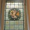 Ground floor, dining room, S window, stained glass, detail