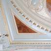 Interior.
Detail of painted and plasterwork decorative corner panels on ceiling.