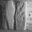 View of Knockando no.2 Pictish symbol stone and Knockando no.3 rune inscribed stone. 
 and Knockando sculptured stone no. 3