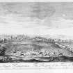 General view of Hamilton.
Photographic copy of engraving by Captain John Slezer.
Copied from Slezer's Theatrum Scotiae. 
Entitled: 'The Prospect of the Town of Hamilton - This plate is most humbly inscribed to Her Grace Dutchess of Hamilton and Brandon etc. sole daughter and heiress to Digby Lord Gerrards Bromley in the County of Stafford.'