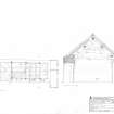 RCAHMS survey drawing; Croftroy, cruck framed byre plan and section