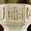 Font from Kinkell Old Parish Church now in St John's Episcopal Church, Aberdeen.
Detail of panel bearing the crowned monogram IHS.