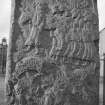View of lower detail of reverse of Fowlis Wester Pictish cross slab.