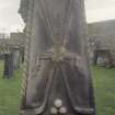View of reverse side of obelisk to Allan Robertson showing crossed clubs and balls, St Andrew's Cathedral graveyard.