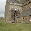 External view from the SE of the N transept of the Iona Abbey church, showing repairs in progress.