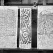 Photographic copy of three rubbings. The outer rubbings shows the front and back of Fortevion no.1 cross slab. The middle rubbing depicts the right side of a cross fragment from St Mary's Chapel, Aberlady.
