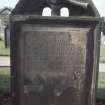 View of headstone to Muirhead d. 1751, with trumpeting angel, Corstorphine Parish Churchyard, Edinburgh.