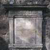 View of mural monument to Thomas Abernethie and Janet Dalziel d. 1726, Glencorse Old Parish Churchyard.