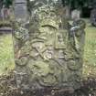 View of headstone to John Tennant d. 1728 with horse and blacksmith tools, Alloway Auld Kirk Churchyard.