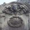 View of headstone to Christian Robertson d. 1721 showing winged soul over cartouche, Uphall Church burial ground.