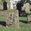 General view including headstone 1692 with skeleton, Kirkoswald Old  Parish Churchyard.