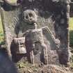 View of headstone to John Gallon d.1684 with skeleton and hourglass, St Ninian's Churchyard, Lamington.