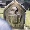 View of headstone 1622 showing winged soul with breastplate, Lesmahagow Parish Churchyard.