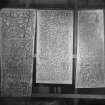 Photographic copy of three rubbings showing from left details of the Dupplin Cross, Aberlemno no.2 Pictish cross slab and Rossie Priory Pictish cross slab. 

