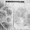 Photographic copy of two rubbings. The right rubbing shows details of Craigmyle Pictish symbol stone. The left rubbing is from an unidentified carved stone.