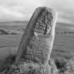 View of standing stone with Pictish symbols, Peterhead Farm, Blackford.