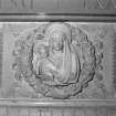 Glasgow, Abercromby Street, St Mary's RC Church.
Former altar, relief carving of Our Lady holding the baby Jesus, detail.