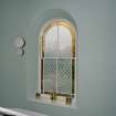 Interior.
View of stained glass window on staircase.