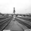 Perth, Leonard Street, General Station
Platforms 2 & 3: view from north of road bridge carrying Abbot Street (leading to St Leonard's Bank) over the railway as it approaches Perth Station