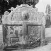 View of headstone in Dollar Old Parish Churchyard dated 1727 and initials 'WL GL IB IL ML'.