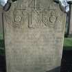 View of headstone to Couper children, Arbroath Abbey churchyard, with initals 'I C I W' and dated 1749.