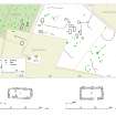 Newton Wood, map showing the archaeological landscape at scale 1:2500 and plans of two builings at  scale 1:500