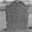 View of west face of gravestone of Thomas Findlay 1743 and his son Thomas 1750 in the churchyard of Rescobie Parish Church.