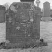 View of gravestone in the churchyard of Rescobie Parish Church with initials 'A P' and 'M S' and dated 1735, and to John Peters 1808 and Isobel Dickson 1841.