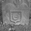 Detail of gravestone for Robert Knox dated 1708 with initials 'R K' and 'A B',  in the burial ground of Kinnoull Old Parish Church.
