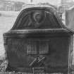 View of gravestone of Mason, dated 1785 and with initials 'I A and M G', in the churchyard of St Serf's Parish Church, Alva.