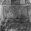 View of east face of gravestone dated 1779 and erected by Captain Patrick Black in memory of his father Andrew Black of Waremill who died 1778, in the churchyard of Scone Old Parish Church.