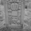 View of headstone of John Leyburn 1739 in the graveyard of Mochrum Church.