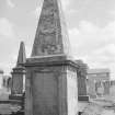 Detail of memorial obelisk in memory of Reverend Henry Erskine who died 1696, in the churchyard of Chirnside Old Parish Church.