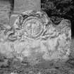 View of grave stone to John Leslie's children 1766, in the churchyard of Caputh Old Parish Church.
