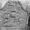 Detail of gravestone with a ship in the churchyard of Collace Old Parish Church.