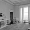 Interior view of Cairness House showing drawing room with fireplace.